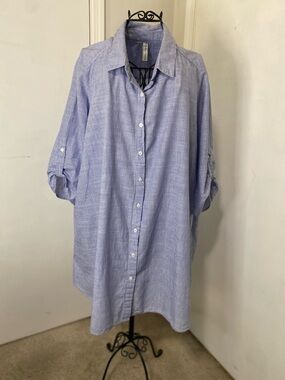 Per Seption Women 3X Blue Striped Shirt Dress Button Front Roll Tab Sleeve